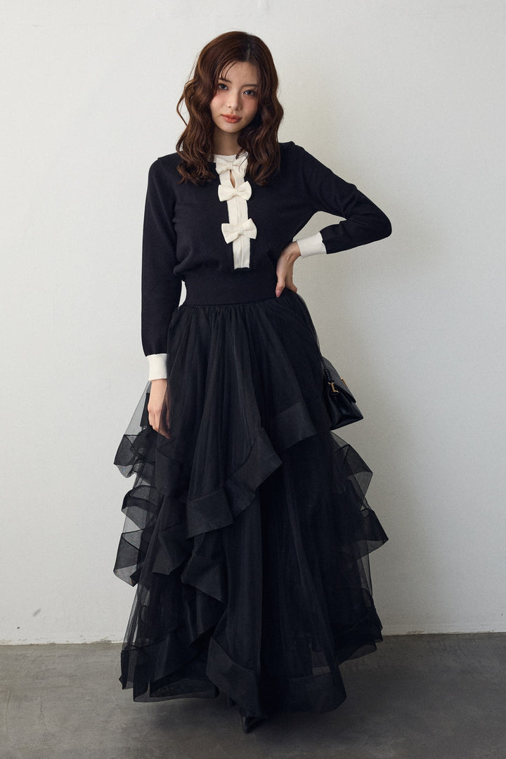 [予約/SET]フロントリボンモチーフカーデ+ランダムフリルティアードボリュームスカート(2set)