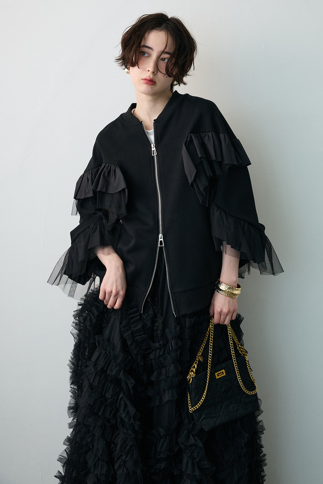 [予約/SET]フリルデザインダブルジップブルゾン+スフレアシメチュールスカート(2set)