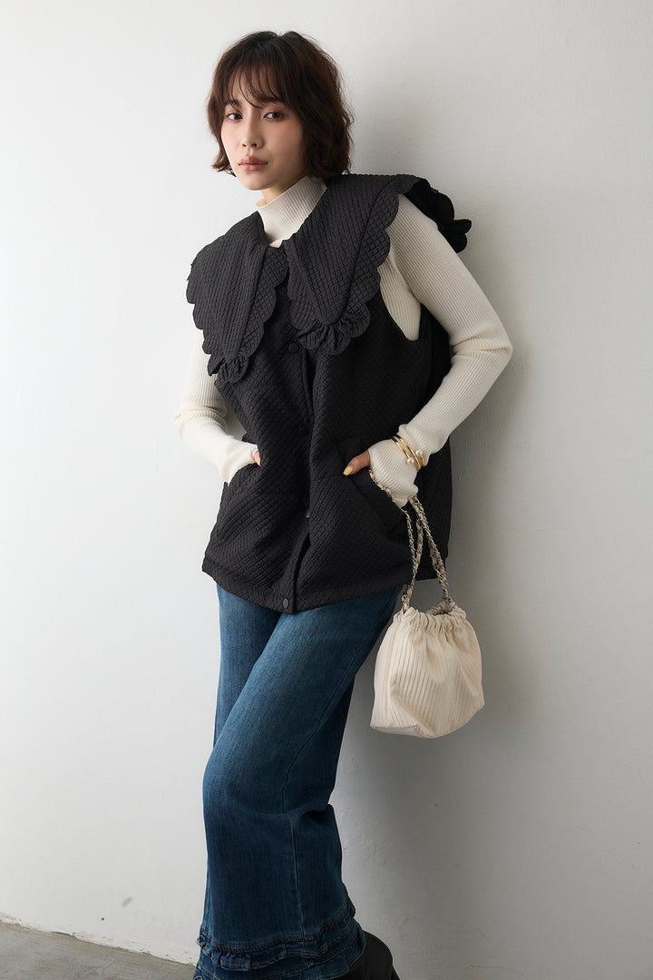 [予約/SET]ベーシックフィンガーホールリブニット+スカラップBIGカラーベスト+フリルヘムデニムパンツ(3set)