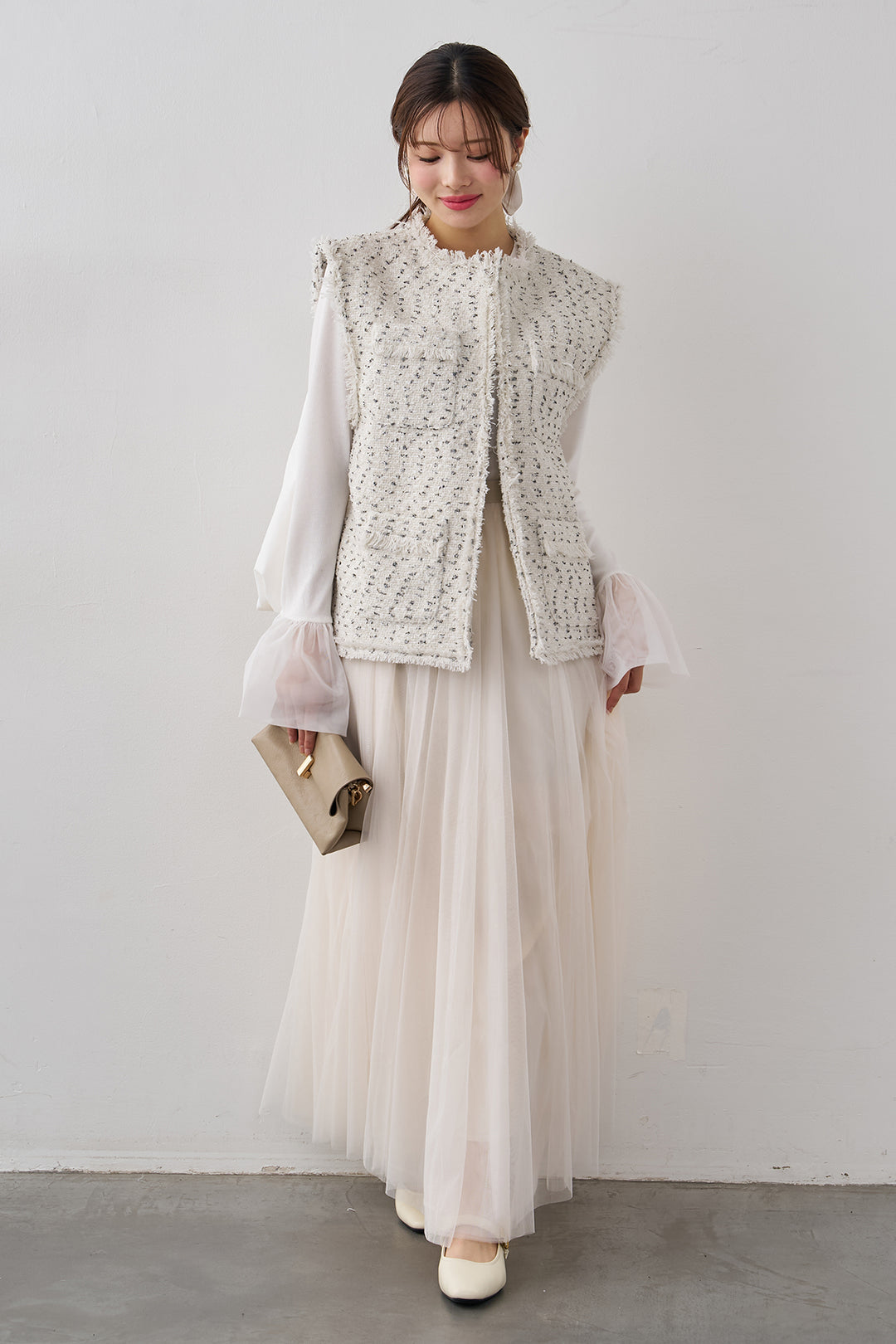 [予約/SET]チュールシアーカフスリブニット+異素材切り替えツイードベスト+エアリーチュールフレアスカート(3set)