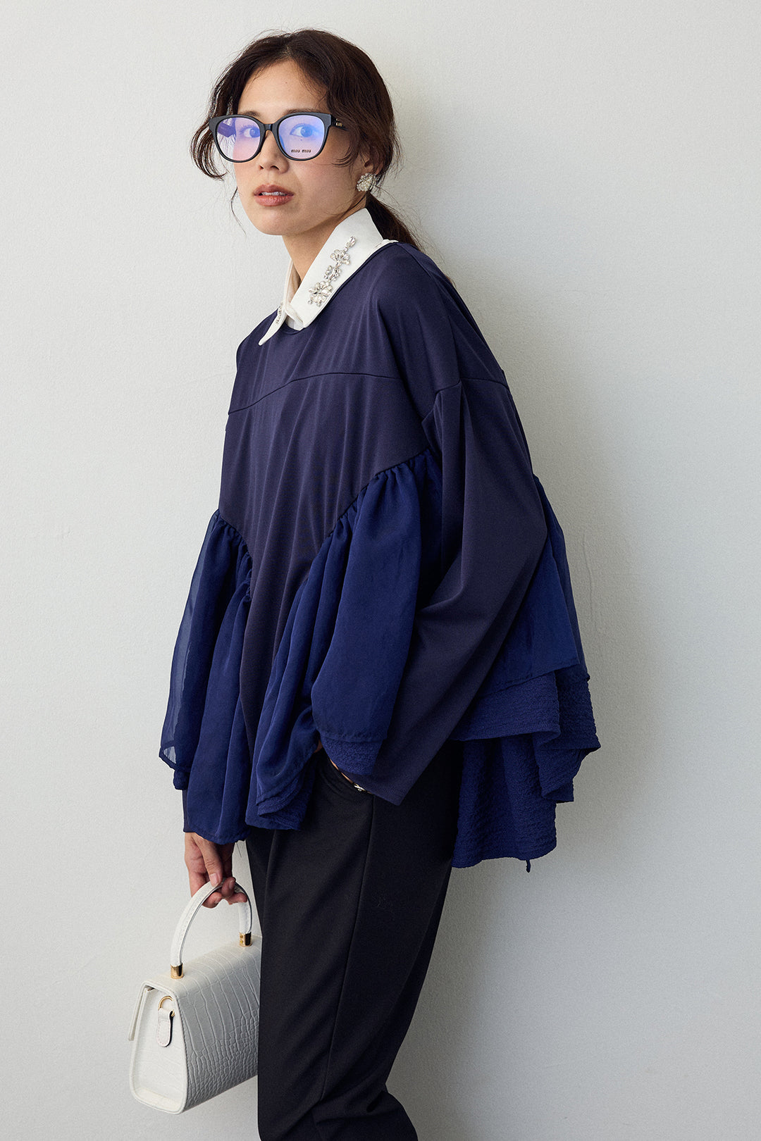 [予約/SET]フリルテール異素材切替チュニック+タックテーパードパンツ(2set)