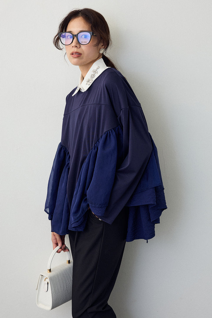 [予約/SET]フリルテール異素材切替チュニック+タックテーパードパンツ(2set)