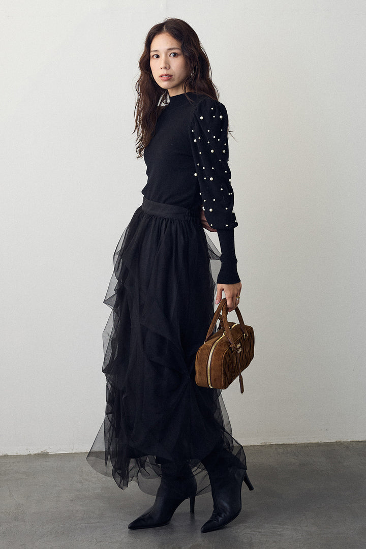 [予約/SET]パフスリーブランダムパールニット+マルチパターンタックチュールスカート(2set)