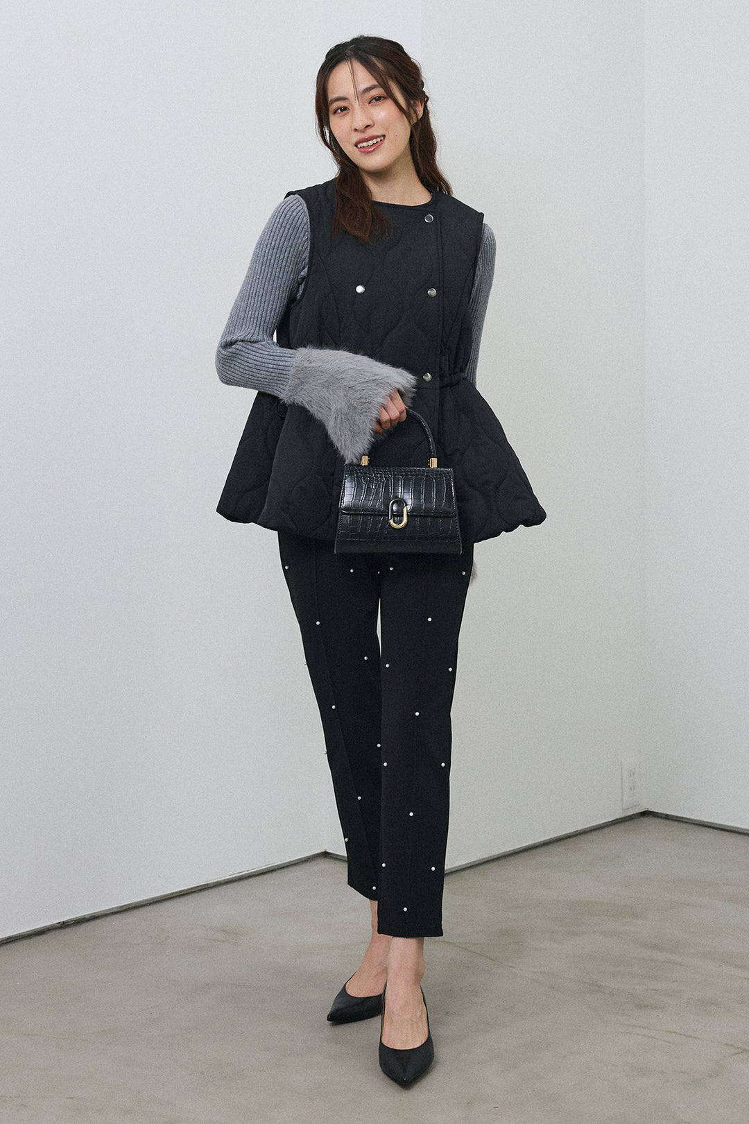 [予約/SET]フェザー切替スリーブフレアニット+キルティングフレアシルエットベスト(2set)