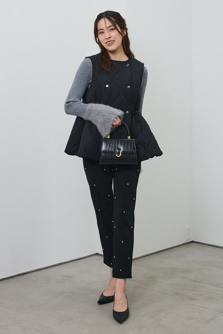 [予約/SET]フェザー切替スリーブフレアニット+キルティングフレアシルエットベスト(2set)