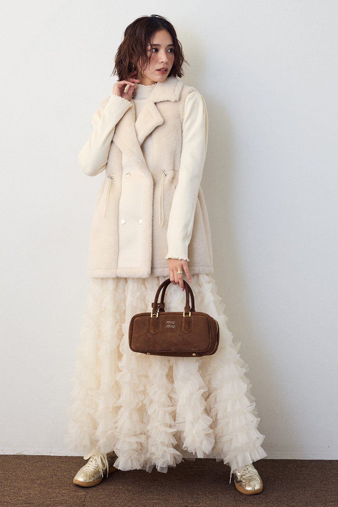 [予約/SET]ネックショルダーパールポイントニット+テディボアウエストドロストベスト(2set)