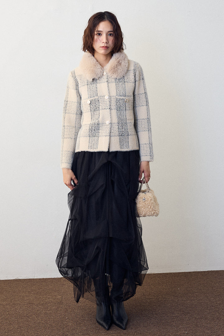 [予約/SET]チェック柄ファー襟コーディガン+マルチパターンタックチュールスカート(2set)