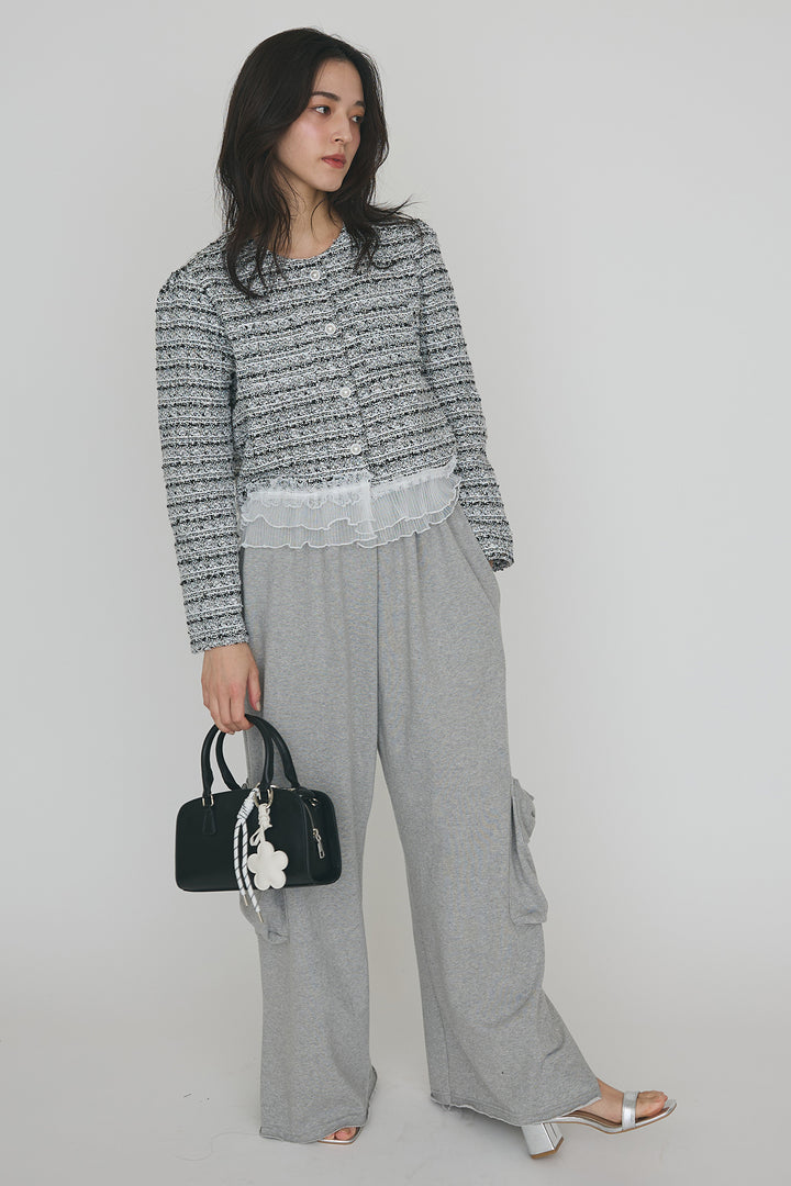 [予約/SET]プリーツフリルヘムライトツイードジャケット+ライトスウェットサイドリボンパンツ(2set)