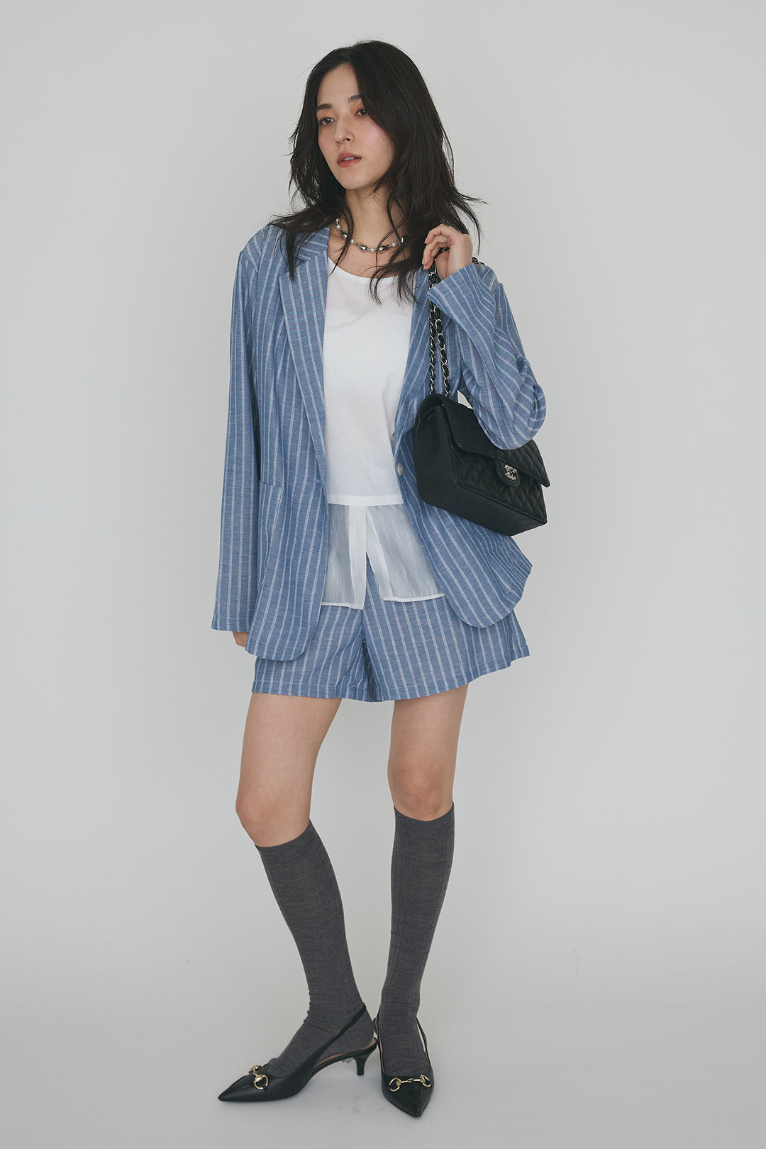 [予約/SET]ドライタッチオーガンジー切替タンクトップ+ストライプライトジャケットセットアップ(2set)