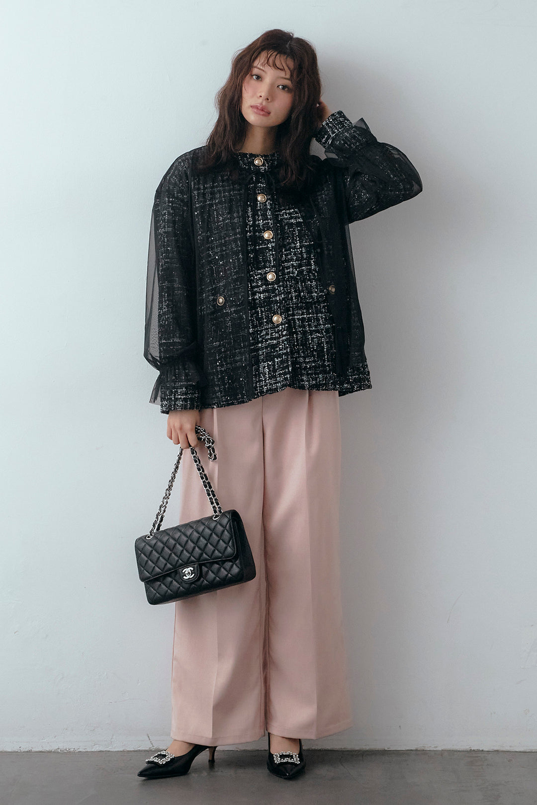 [予約/SET]2wayチュールレイヤードツイードジャケット+スプリングカラータックストレートパンツ(2set)