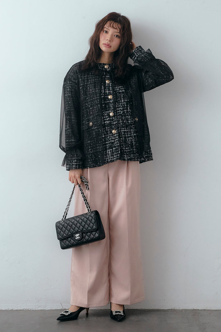 [予約/SET]2wayチュールレイヤードツイードジャケット+スプリングカラータックストレートパンツ(2set)