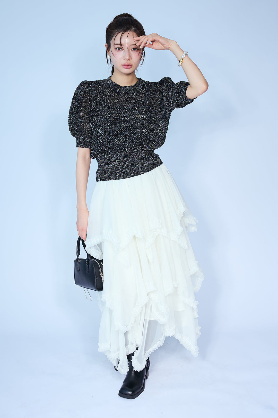 [予約/SET]ラメ混パフスリーブハーフスリーブニット+ムードチュールフリルスカート(2set)