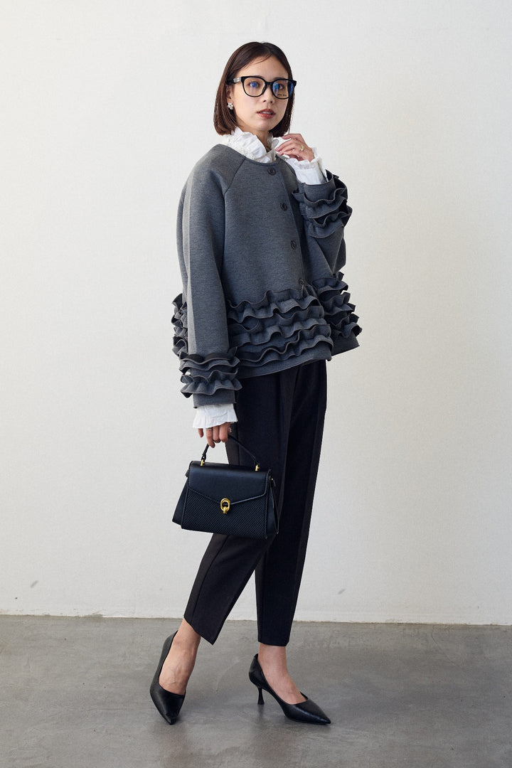 [予約/SET]フリルティアードボンディングクロップドコート+タックテーパードパンツ(2set)