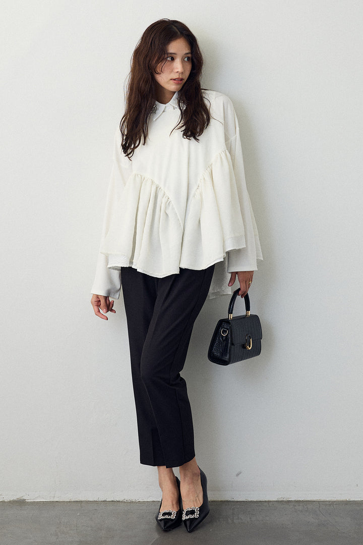 [予約/SET]ビジュー付け襟+フリルテール異素材切替チュニック(2set)