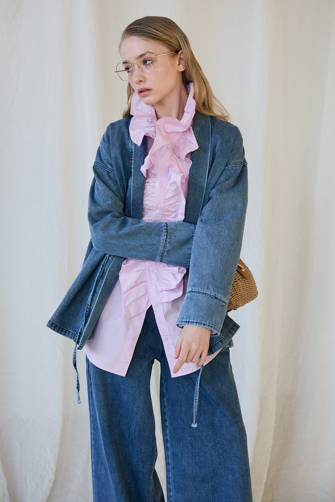 [予約/SET]ブルームカラーフリルブラウス+ノーカラーデニムルーズセットアップ(2set)