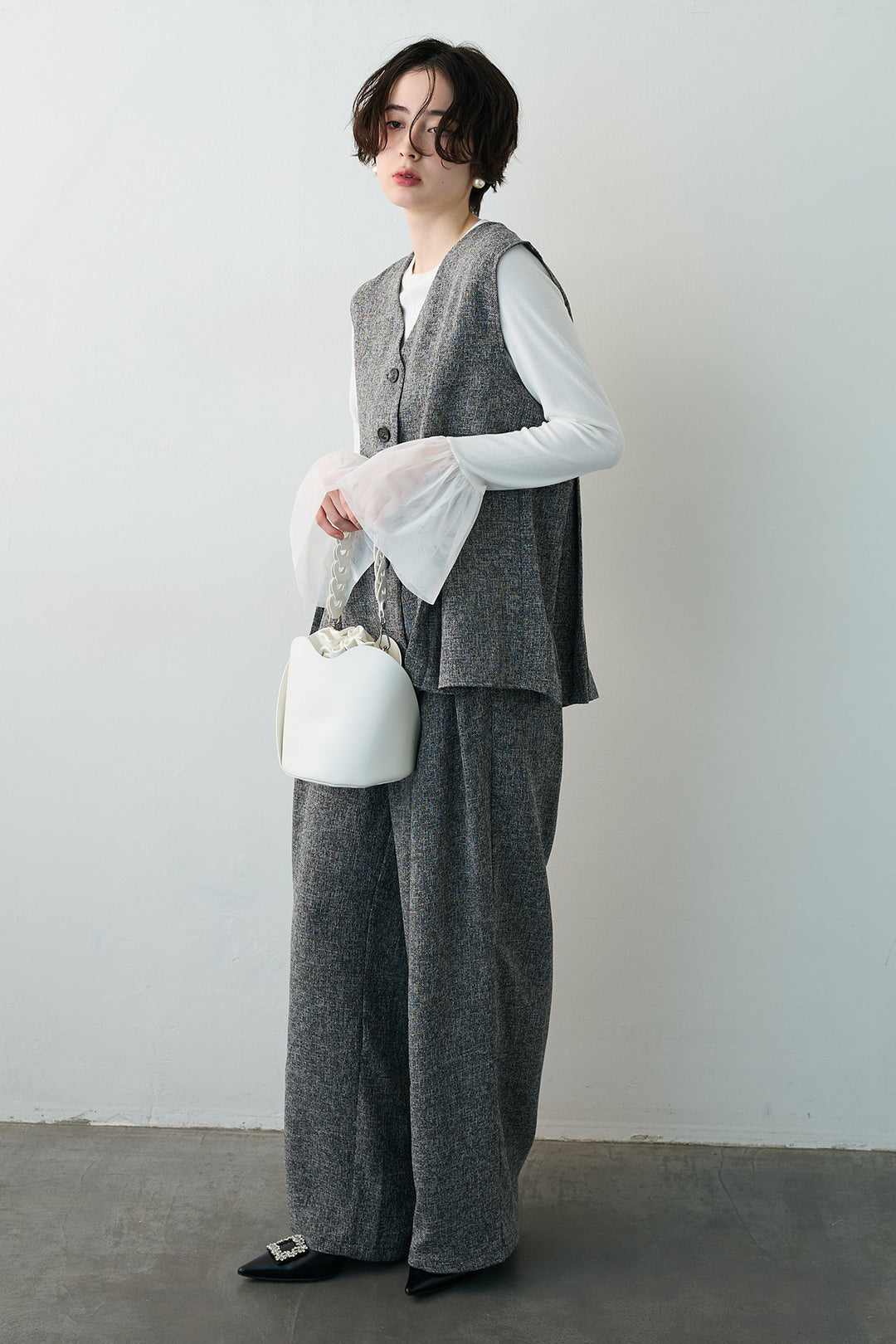 [予約/SET]サマーツイードボックスプリーツベスト+サマーツイードウエストラインタックパンツ(2set)