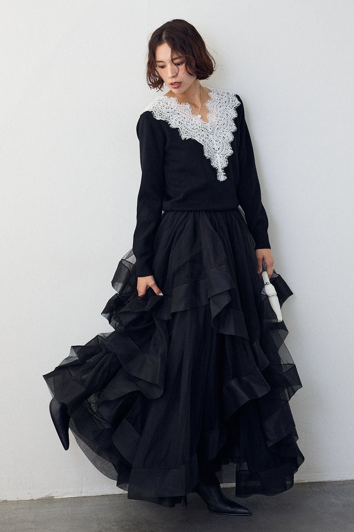 [予約/SET]Vレースデザインニットプルオーバー+ランダムフリルティアードボリュームスカート(2set)