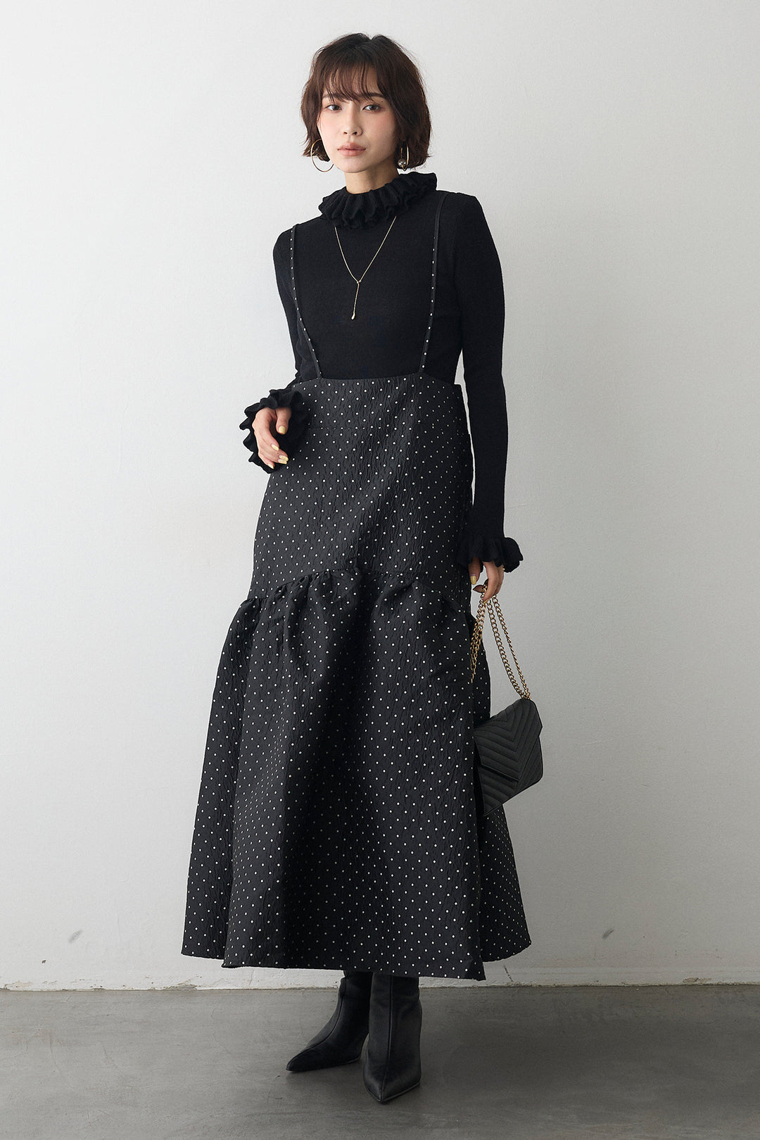 [予約/SET]ダブルフリルカラーニットプルオーバー+ドットジャガードギャザーフレアスカート(2set)