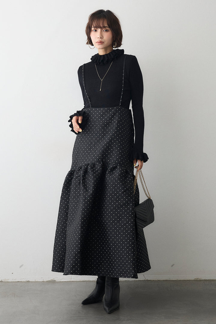 [予約/SET]ダブルフリルカラーニットプルオーバー+ドットジャガードギャザーフレアスカート(2set)