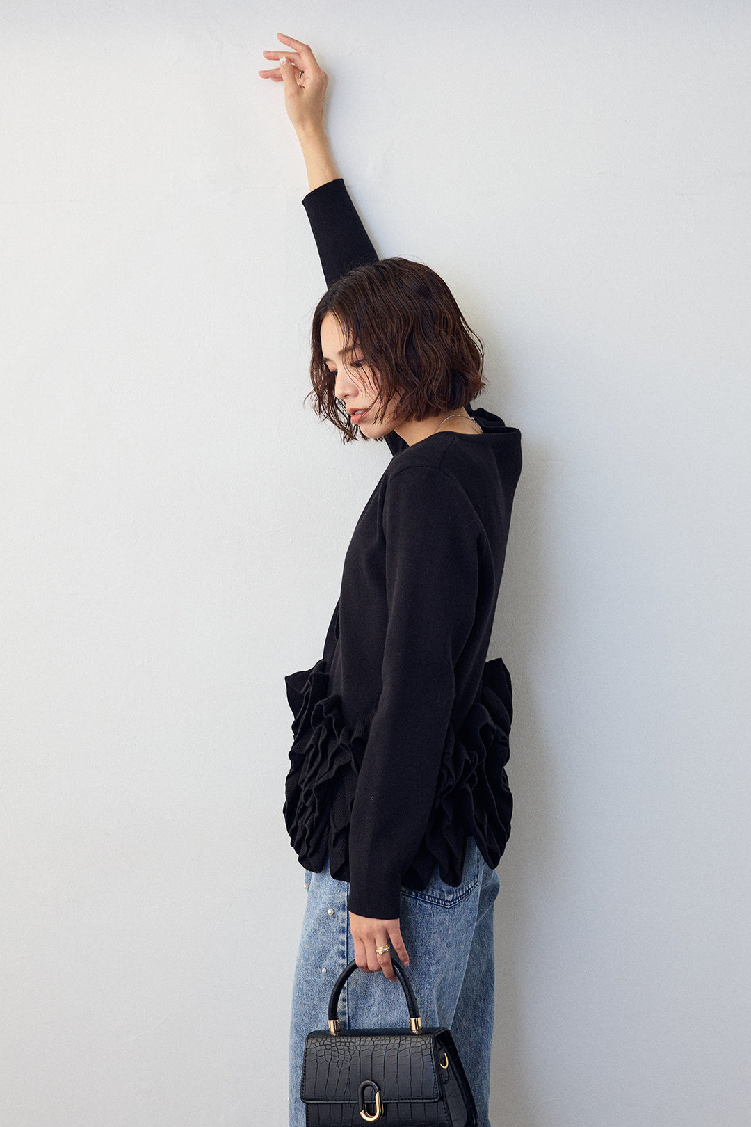 [予約/SET]フリルホイップニットカーディガン+パールスタッズストレートハイウエストデニム(2set)