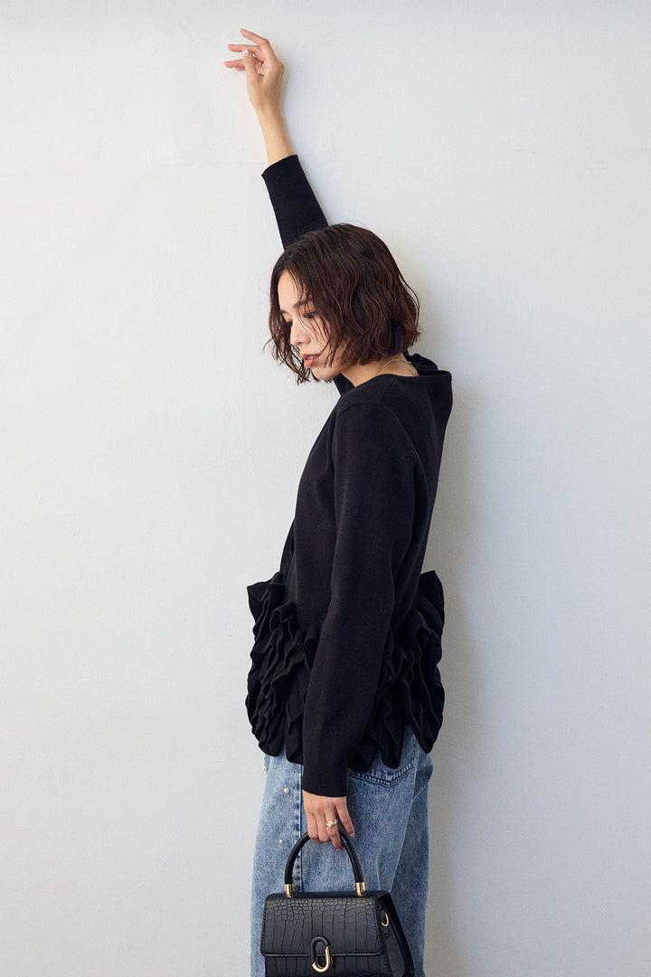 [予約/SET]フリルホイップニットカーディガン+パールスタッズストレートハイウエストデニム(2set)