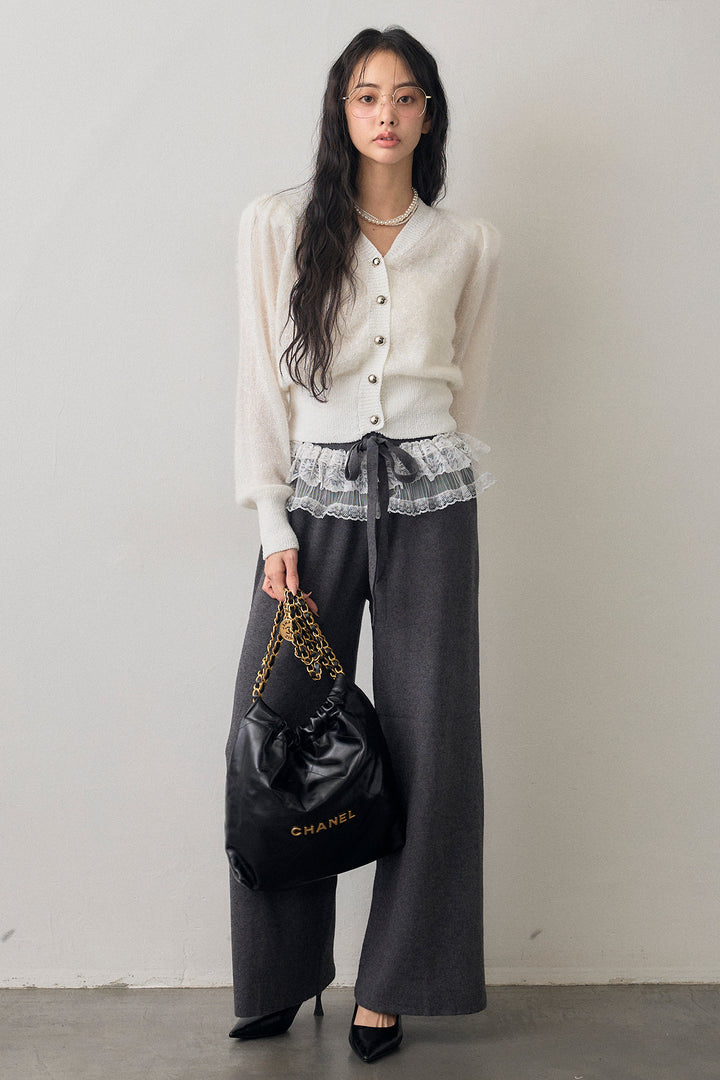 [予約/SET]コンシャスショルダーシャイニーニットカーデ+ウエストレースニットストレートパンツ(2set)