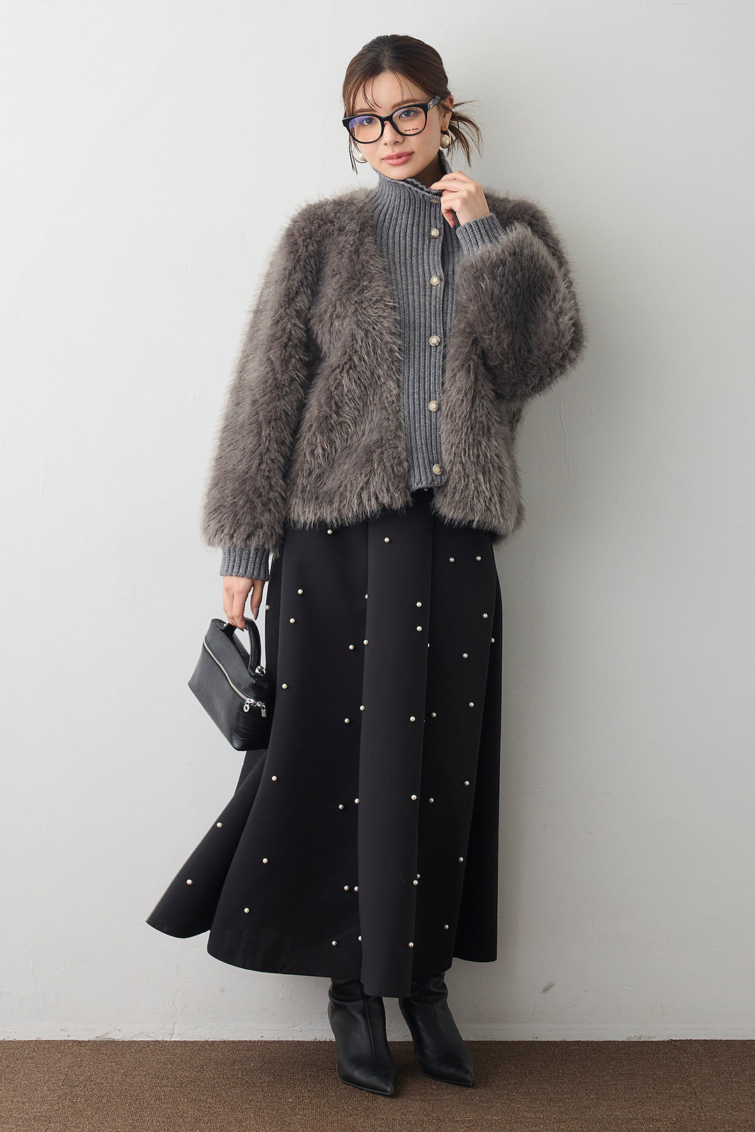 [予約/SET]シャギーファー×リブニットミックスジャケット+マルチパターンボンディングフレアスカート(2set)