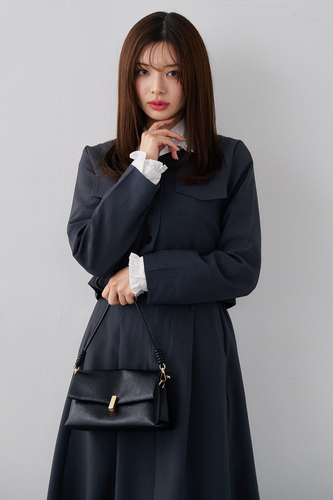 [予約/SET]ミニフリル襟ボリュームスリーブブラウス+ノーカラークロップドジャケットスカートセット(2set)