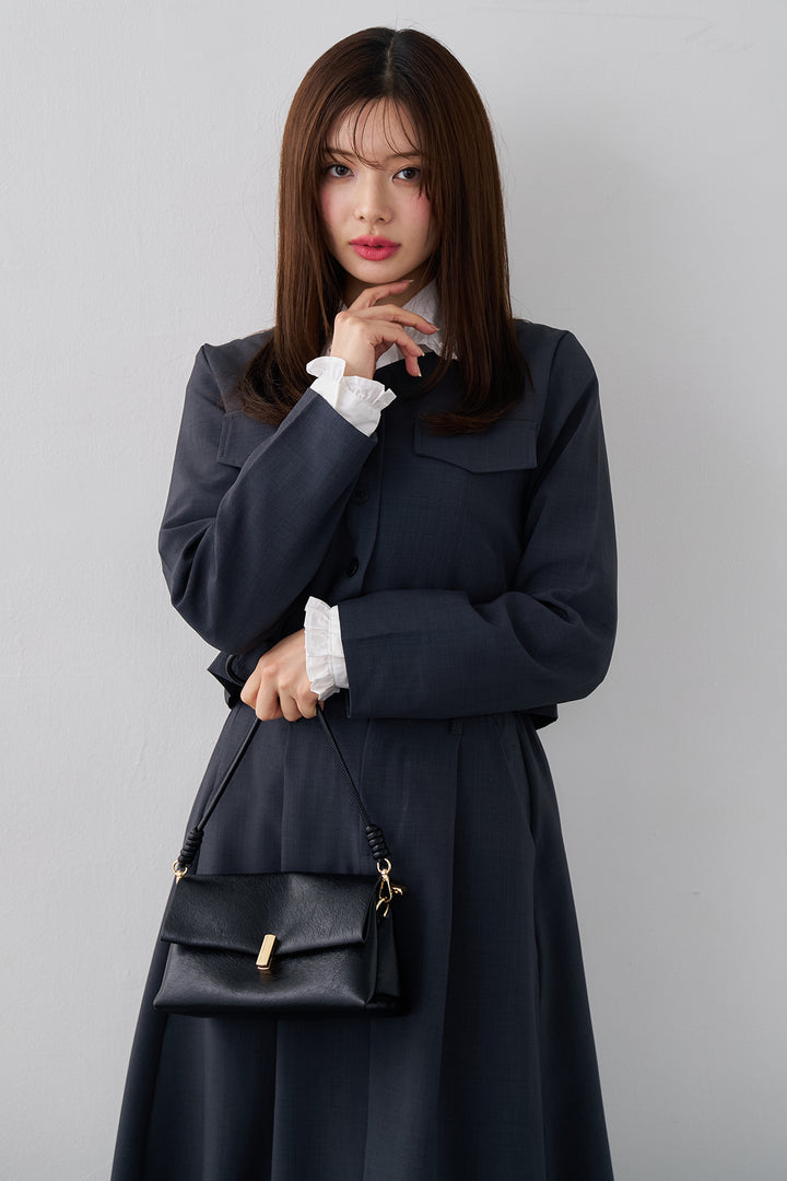 [予約/SET]ミニフリル襟ボリュームスリーブブラウス+ノーカラークロップドジャケットスカートセット(2set)