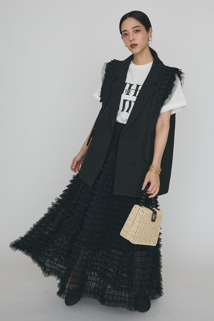 [予約/SET]フリルショルダーテーラーマニッシュベスト+ホイップチュールティアードスカート(2set)