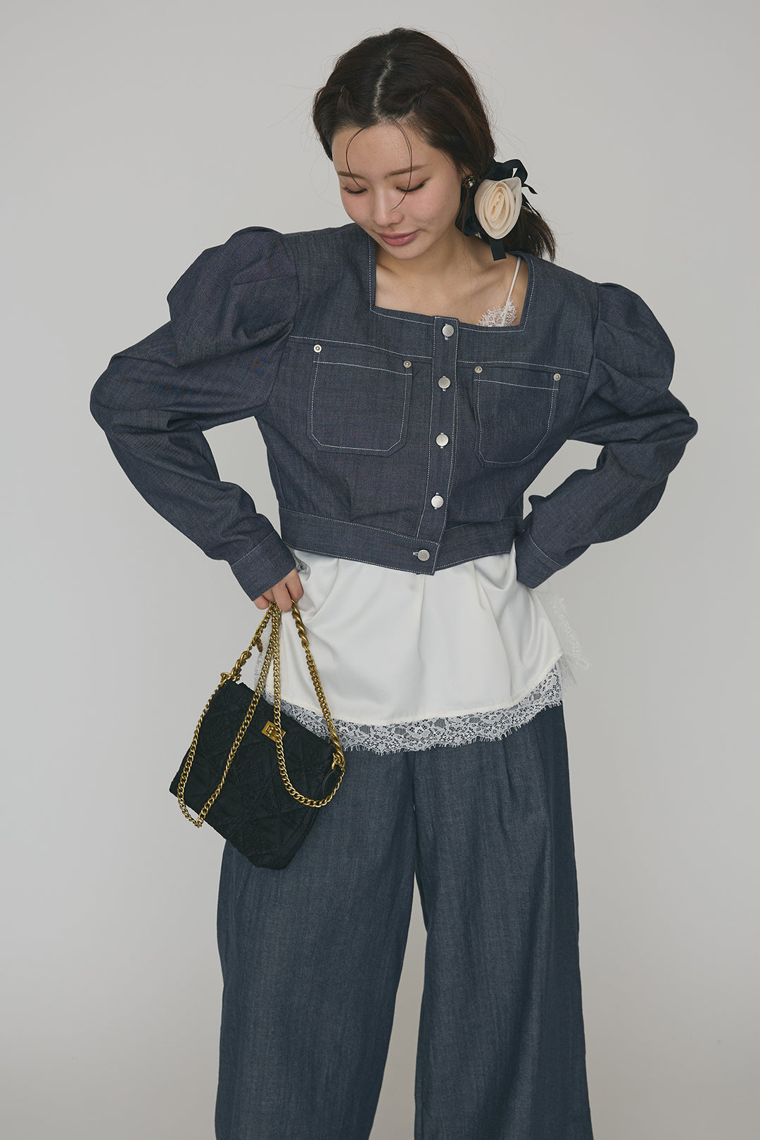 [予約/SET]マットサテンレースキャミソール+ステッチパフスリーブクロップドジャケット+ステッチデザインハイウエストデニムパンツ(3set)