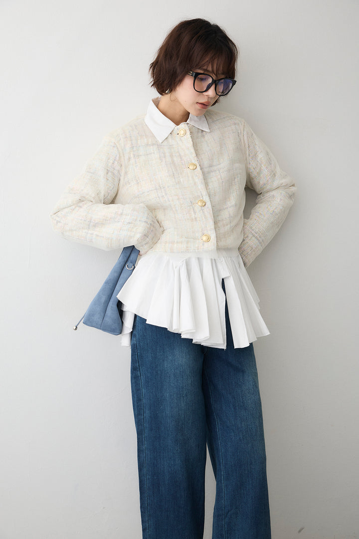 [予約/SET]ツイード×チュールレイヤードクロップドジャケット+フリルヘムデニムパンツ(2set)