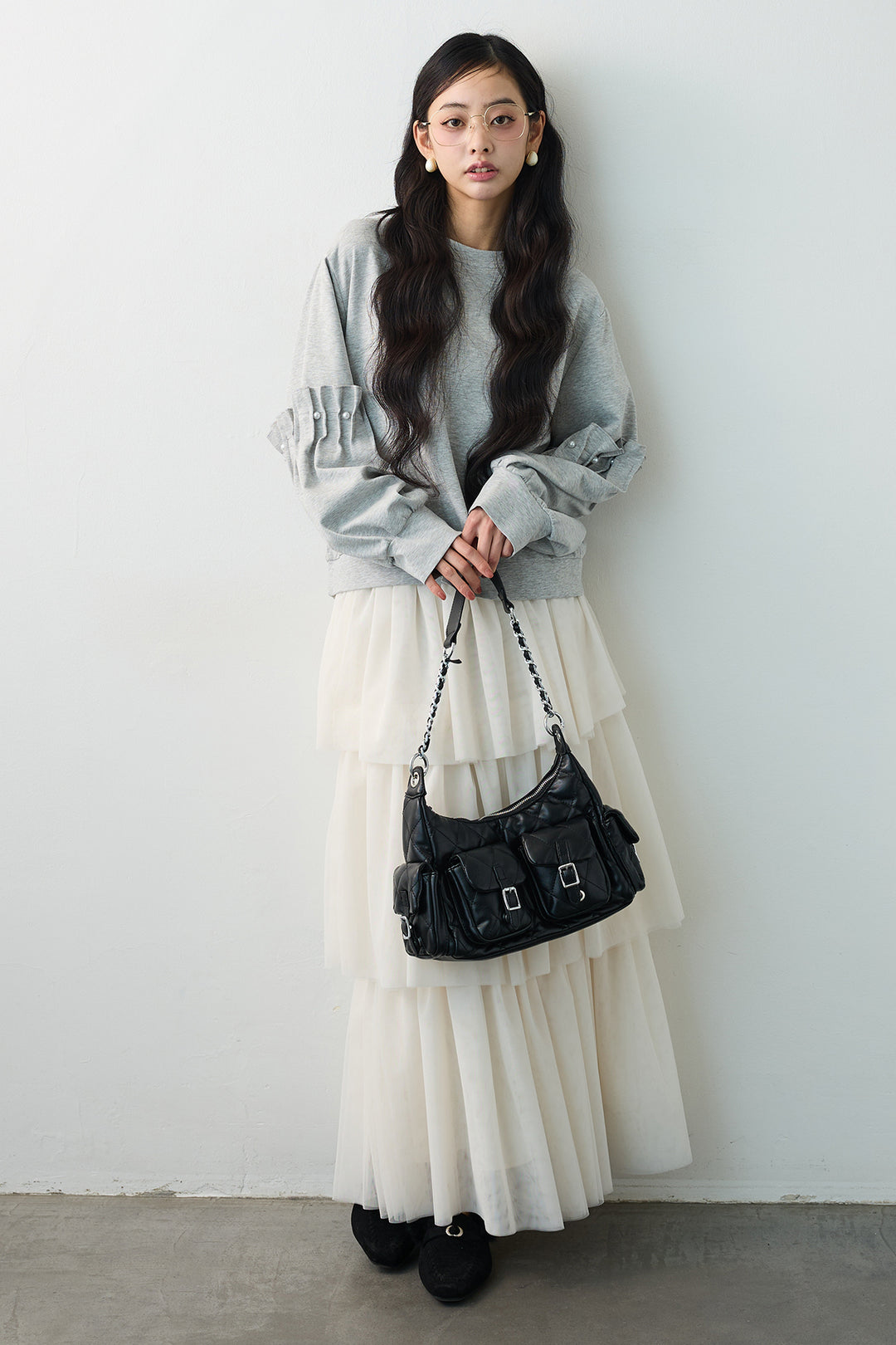 [予約/SET]タックパールスリーブプルオーバー+エアリーティアードチュールスカート(2set)