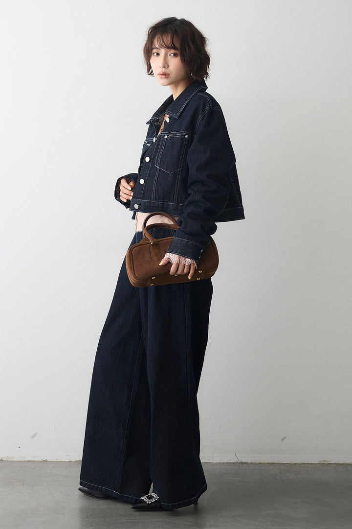 [予約/SET]レースVラインボタンニット+クロップドデニムセットアップ(2set)