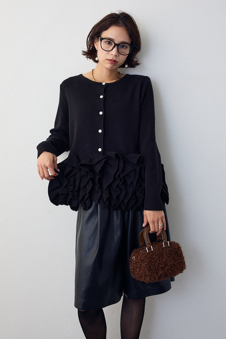 [予約/SET]フリルホイップニットカーディガン+レザーライクハーフパンツ(2set)