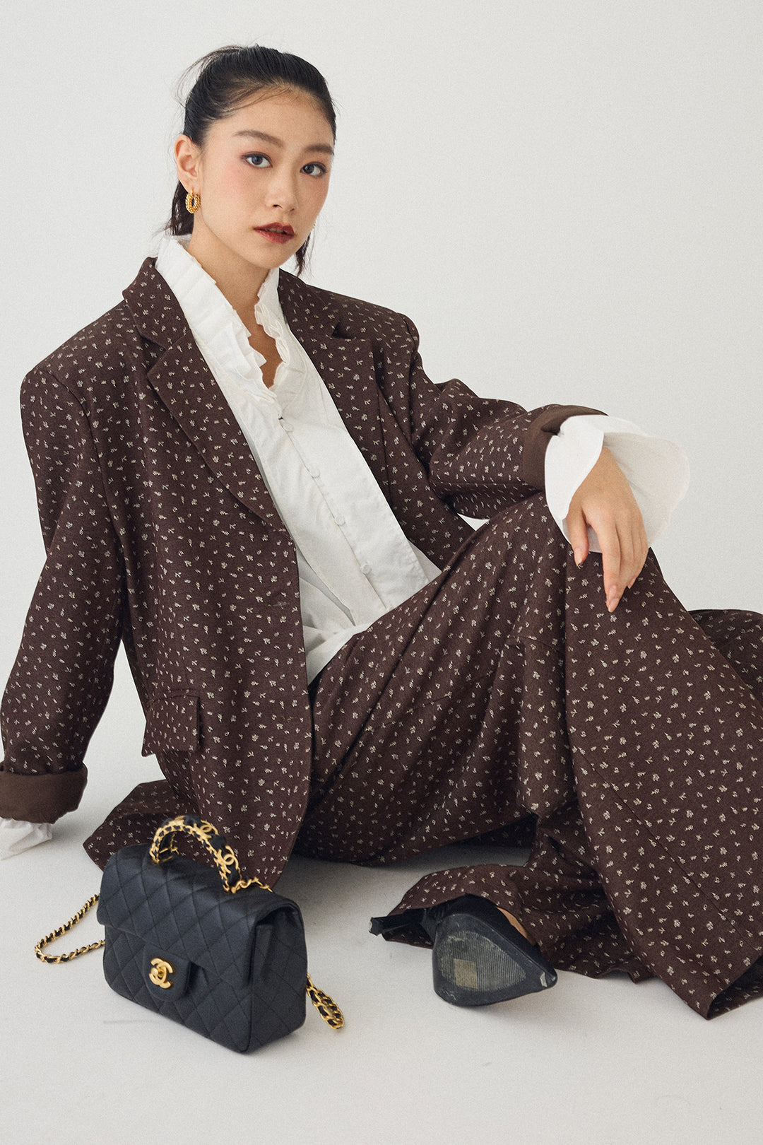 [予約/SET]ダブルプリーツカラーブラウス+ヴィンテージフラワー柄セットアップ(2set)