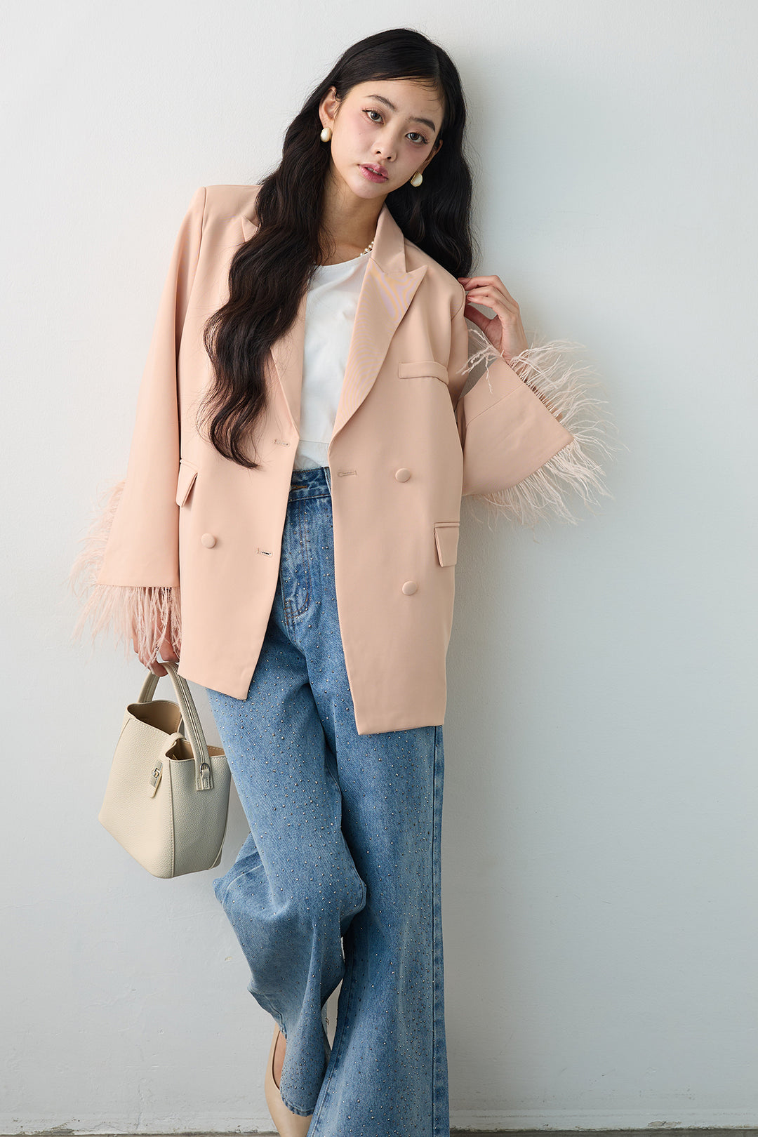 [予約/SET]エアリーファザーレディライクジャケット+ラインストーンストレートデニム(2set)