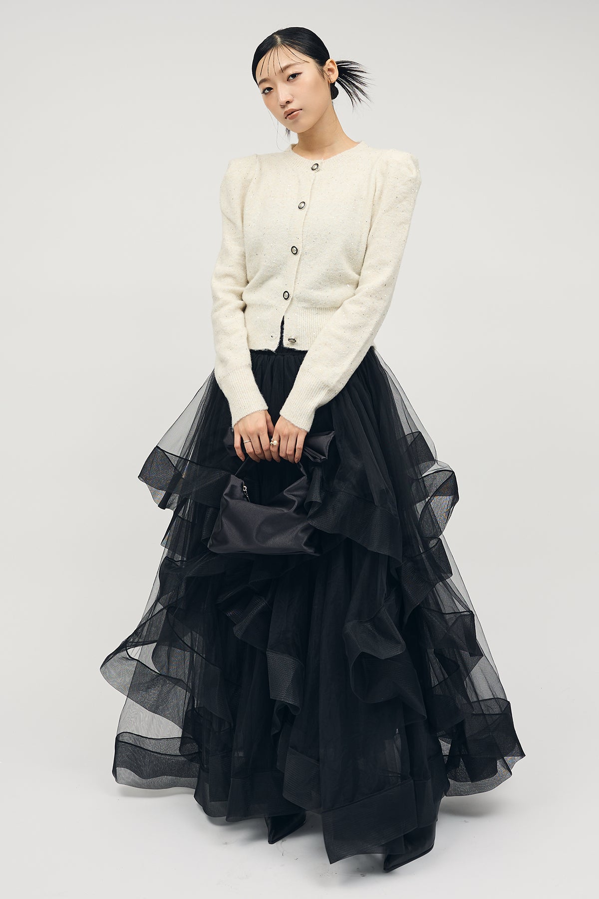 予約/SET]パワショルシャイニーウールニットカーデ+ランダムフリル