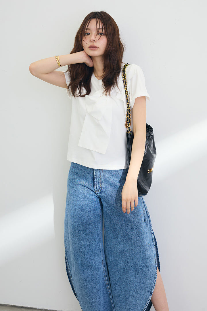 [予約/SET]ショルダーリボンポイントTシャツ+カーヴィースリットデニムパンツ(2set)