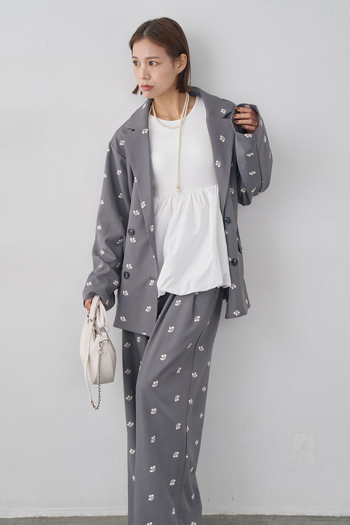 [予約/SET]フラワー刺繍ツイルテーラードジャケット+フラワー刺繍ツイルストレートパンツ(2set)