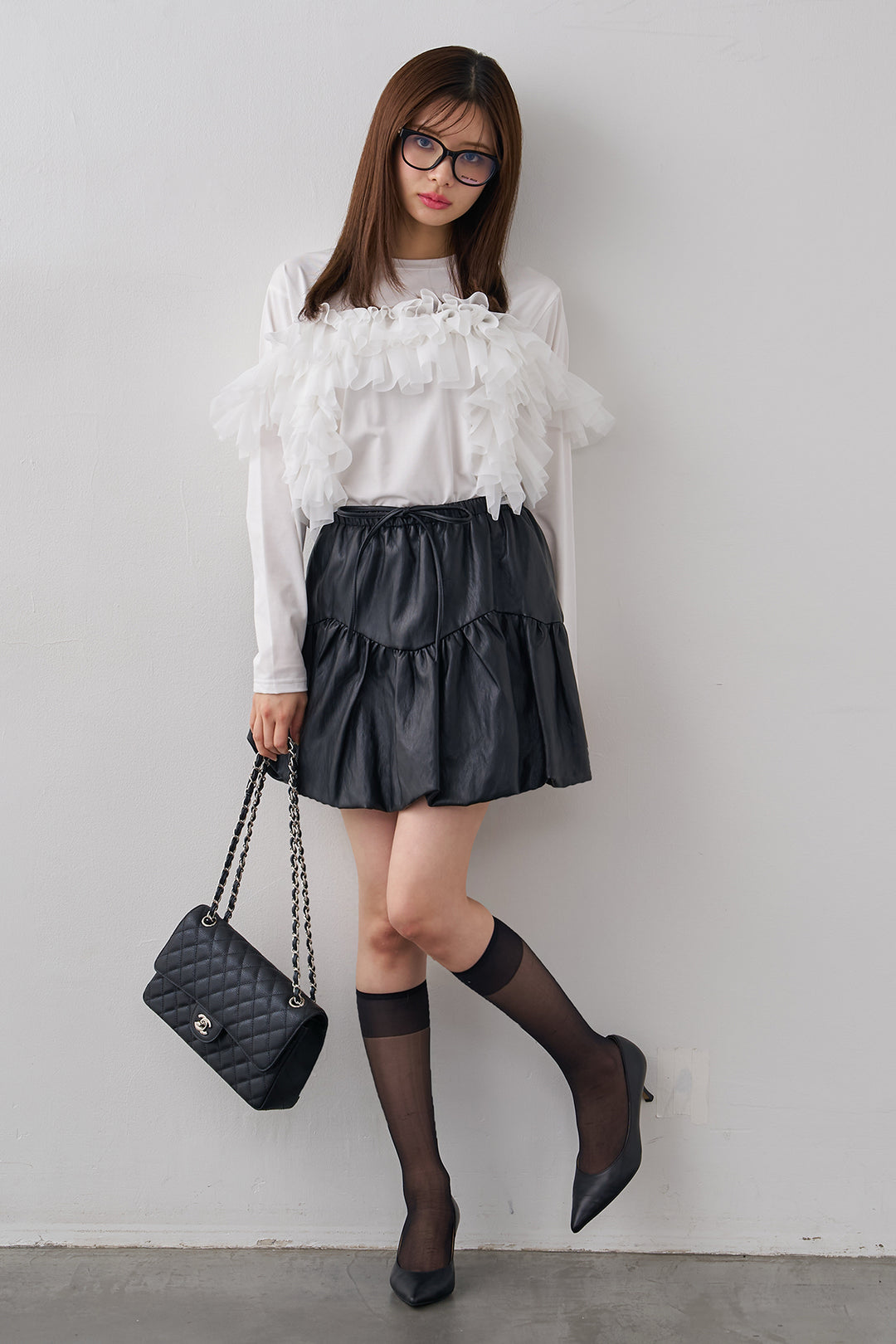 [予約/SET]マルチwayフリルカットトップス+フェイクレザーティアードバルーンミニスカート(2set)