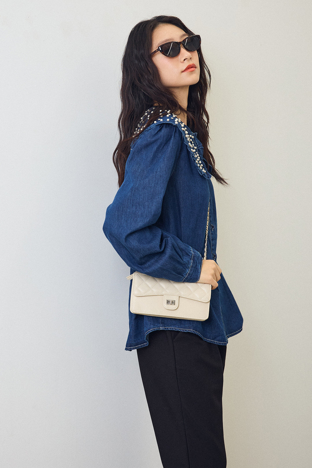 [予約/SET]パールBIGカラーデニムシャツ+タックテーパードパンツ(2set)