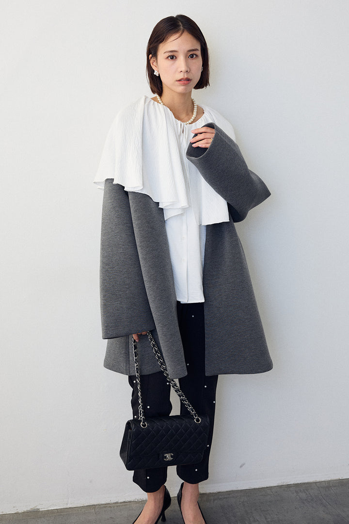 [予約/SET]BIGフリルカラーブラウス+フリルポケットボンディングノーカラーコート+センターシームランダムパールパンツ(3set)