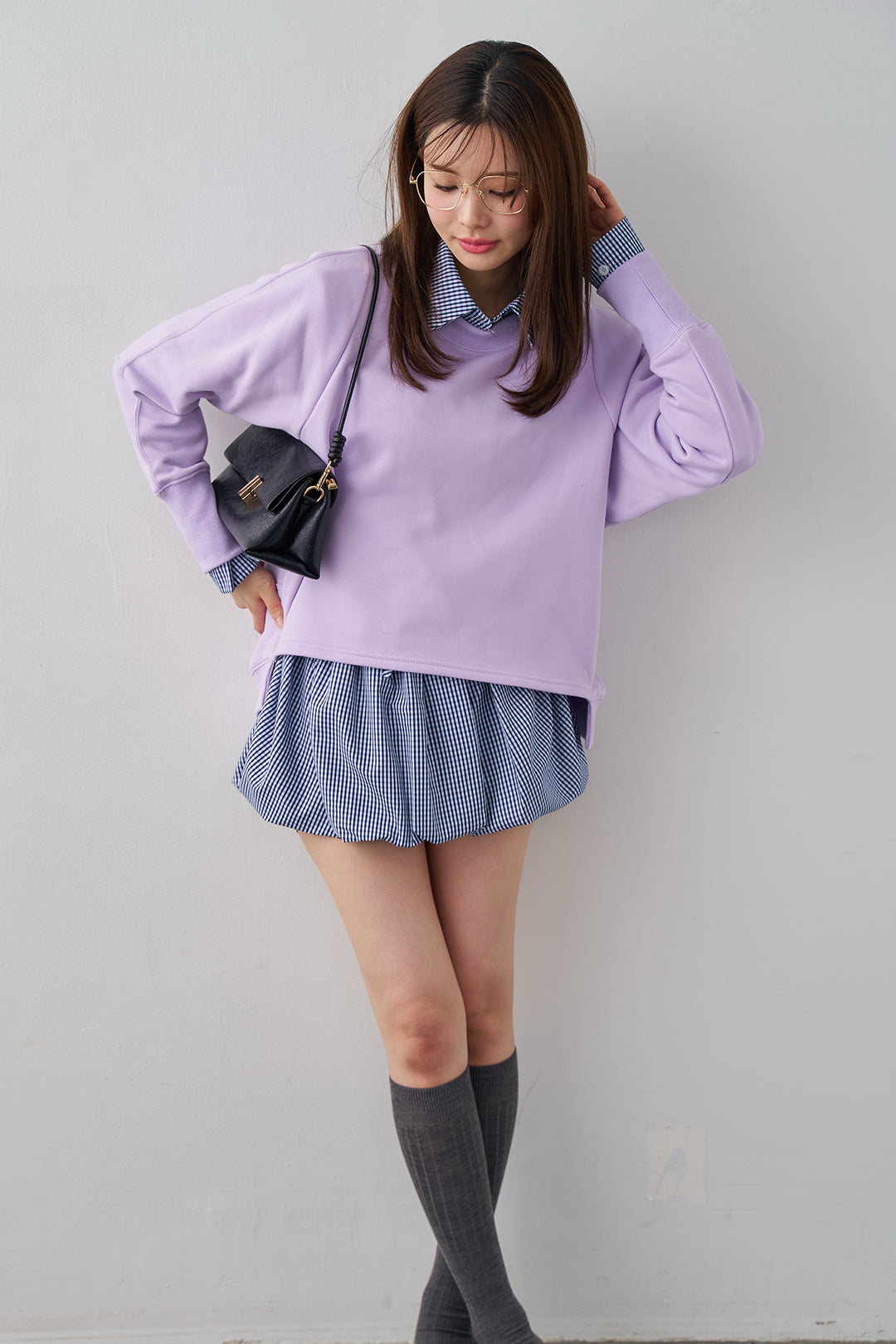 [予約/SET]ギンガムチェックバルーンミニボトムセットアップ+コクーンシルエットライトスウェットPO(2set)