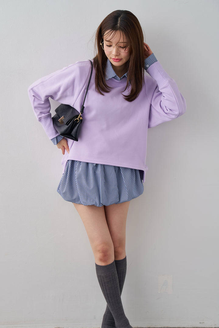 [予約/SET]ギンガムチェックバルーンミニボトムセットアップ+コクーンシルエットライトスウェットPO(2set)