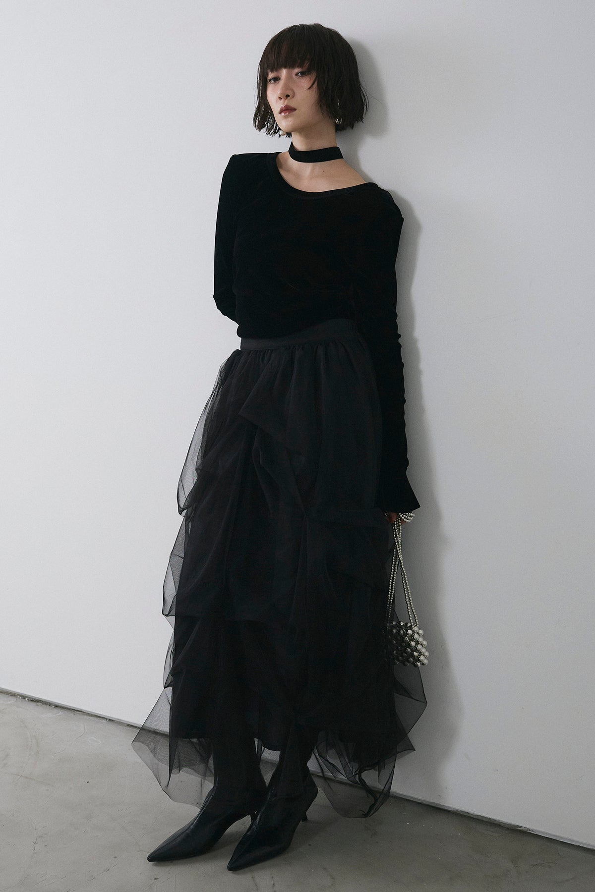 予約/SET]バックレースベロアトップス+マルチパターンタックチュール