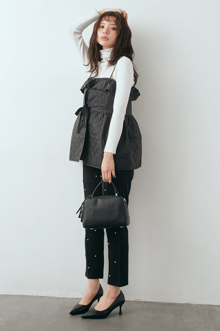 [予約/SET]ベーシックリブタートルニット+ダイヤキルトキャミビスチェ+センターシームランダムパールパンツ(3set)