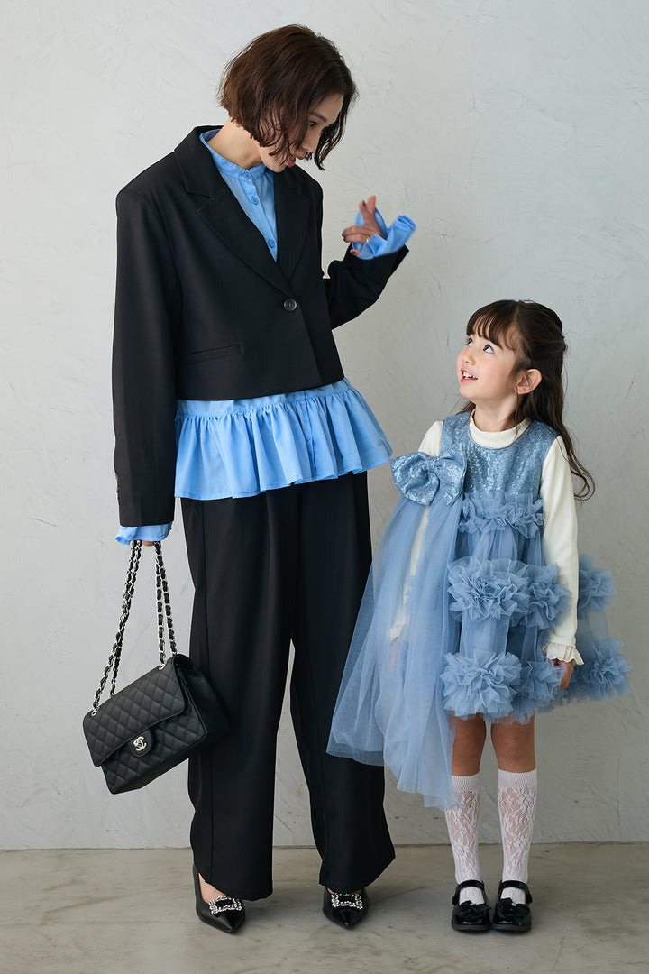 [予約/親子SET][kids]スパンコールリボンホイップチュールワンピセット+フリルヘムスリーブブラウス+クロップドマニッシュシンプルジャケット+ツイルシンプルストレートパンツ(4set)