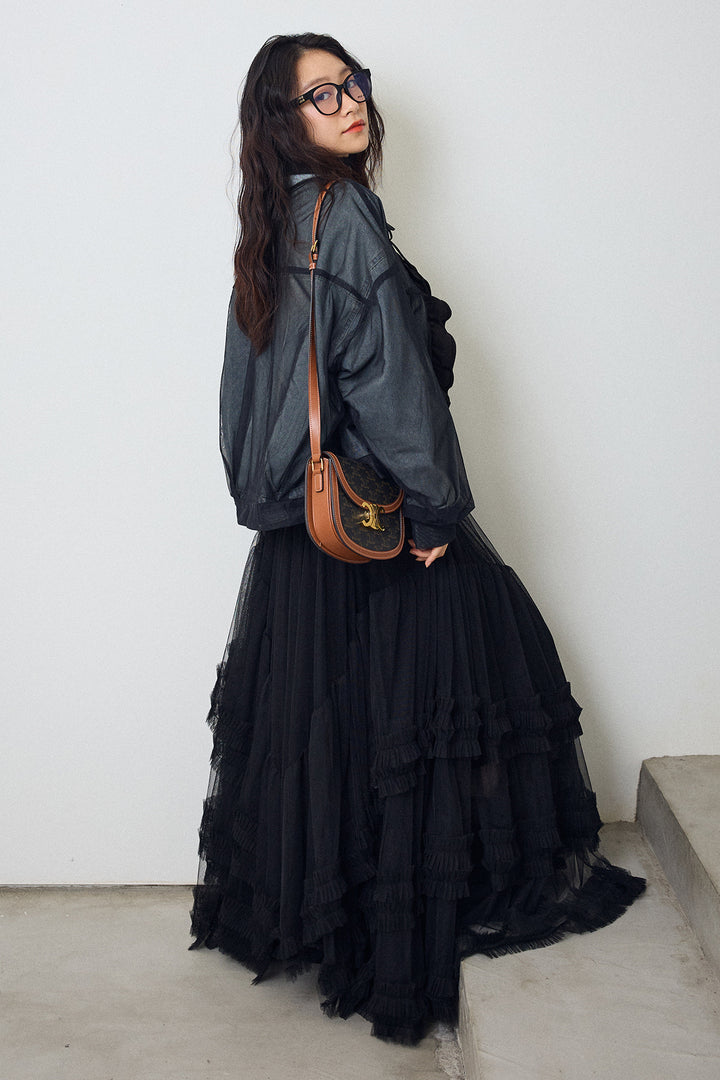 [予約/SET]デニム×チュールレイヤードフリルジャケット+フェアリードレープチュールスカート(2set)