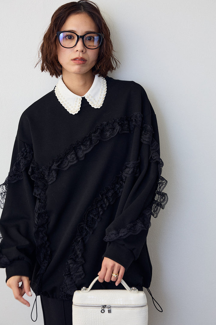 [予約/SET]レースフリルランダムラインスウェット+センターシームランダムパールパンツ(2set)